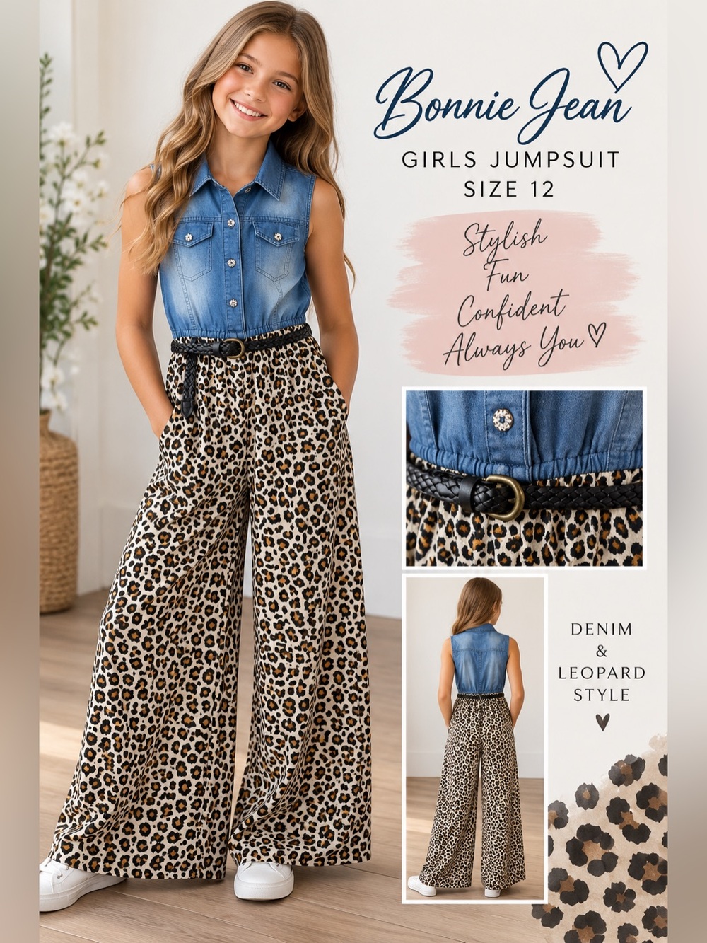 Bonnie Jean Girls Size 12 Denim Leopard Wide Leg Jumpsuit Belted